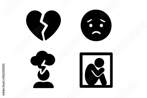 Anxiety and depression solid icon set. Mental health concepts vector. Broken heart, sad face, stress, and isolation symbols. Psychology and emotional crisis pictogram.