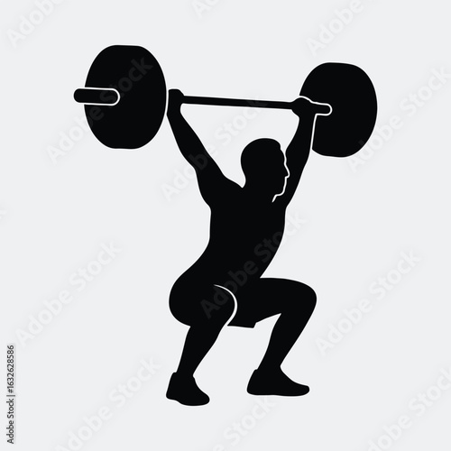 Silhouette weightlifter squatting with barbell athlete in training vector illustration
