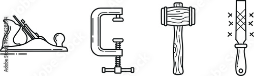 vector icon sheet of  carpentry tools including a plane, clamp, mallet, and rasp, perfect for woodworking, construction, or craft projects