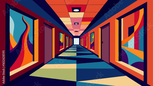 A long narrow hallway lined with abstract paintings in bold colors.