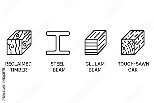 Beam material icons. Outline icon set of building materials. Reclaimed timber, steel I-beam, glulam beam, rough-sawn oak. Vector illustration for architecture design.
