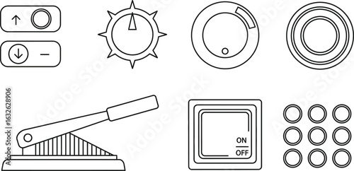 vector icon sheet of  control panel elements showcasing buttons, switches, dials, and levers, representing various machine and device interfaces