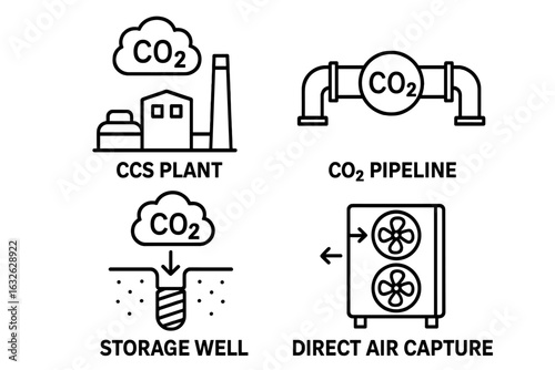 Carbon capture and storage icon set. CO2 emissions reduction. Outline symbols for CCS plant, pipeline, geological storage, and direct air capture technology. Vector icons.