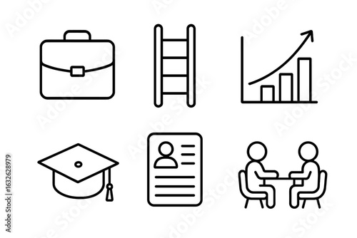 Career development icon set. Job search, human resources, and professional growth concept. Outline symbols for briefcase, ladder, chart, resume, interview, graduation.