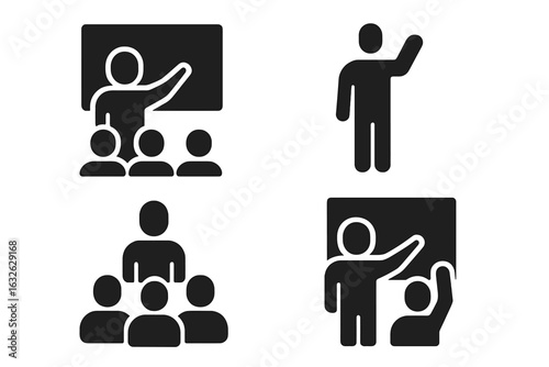 Education solid icon set. Teacher at blackboard, student raises hand, lecture, and group presentation. Classroom teaching and learning moments vector glyph pictograms.