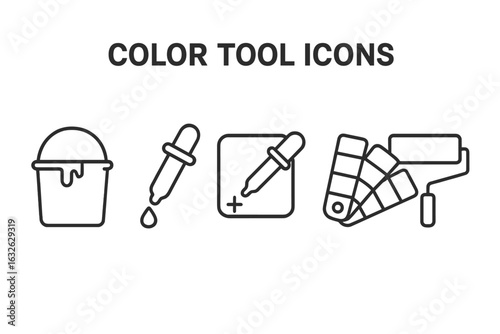 Color tool outline icon set for graphic design. Vector symbols for UI and web. Includes paint bucket, eyedropper, color picker, palette swatch book, paint roller.