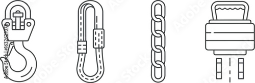 Vector art of set of industrial hardware, featuring hooks, carabiners, chains, and connectors for construction, lifting, and rigging applications