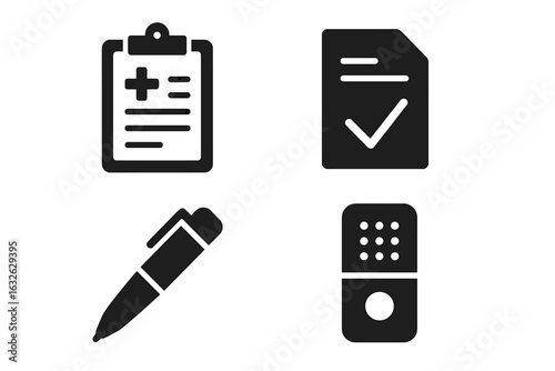 Medical records and patient communication solid glyph icon set. Vector icons of patient chart, healthcare report, consent form, signature pen, and voice recorder.