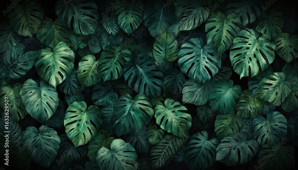 Fototapeta premium Tropical plants in harmonious circular pattern with large green leaves. Dark gray background contrasts with rich green plants. Vibrant green leaves create sense of depth, dimension. Large leaves