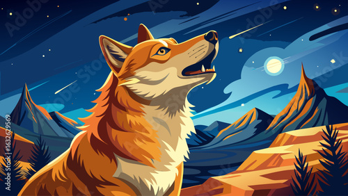  close up Majestic dingo howling at the starry night sky, symbolizing wilderness and communication. Perfect for wildlife documentaries, conservation campaigns, and outback travel 