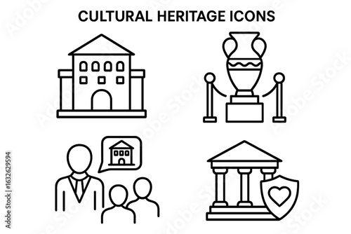 Cultural heritage vector line icon set. Concepts for historic building preservation, museum artifact exhibit, and guided tour. Landmark and culture protection symbols.