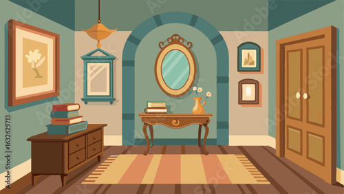 A hallway or entryway with a vintage console table adorned with antique books a vintage mirror and a collection of vintage trinkets on display.