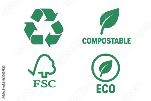 Eco friendly icon set with recycle symbol, compostable logo, FSC badge. Green vector labels for sustainable packaging. Ecology and environment conservation signs.