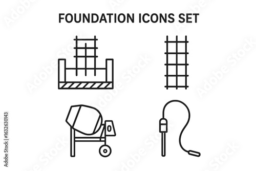 Foundation icons set. Construction line art symbols. Building process. Rebar cage, concrete mixer, footing form, poker vibrator. Vector illustration for engineering.