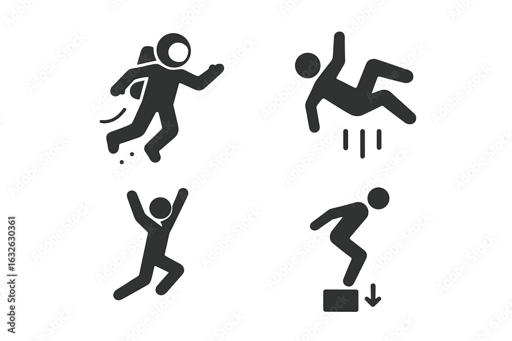 Naklejka premium Gravity solid icons set. Glyph pictograms of human interaction with gravity. Floating astronaut in space, person falling, jumping athlete. Physics concept vector illustrations.
