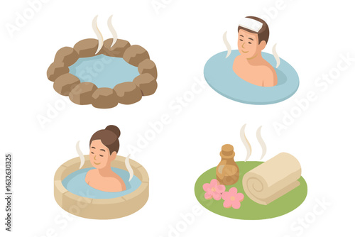 Japanese onsen spa icon set. Isometric people in hot spring bath for relaxation and wellness. Man and woman in thermal water. Vector illustration for beauty care.
