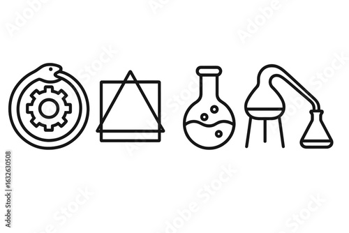 Alchemical symbols icon set. Outline vector icons of ouroboros gear, philosopher’s stone, distillation flask, alembic still. Ancient chemistry, alchemy lab tools, esoteric science, transformation.
