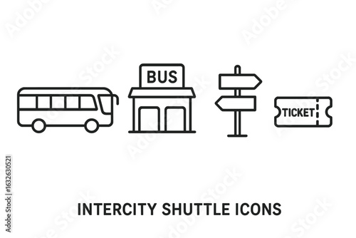 Intercity shuttle bus icon set. Public transport outline icons. Bus, station, terminal, ticket, route signpost. Vector for transportation, travel, and tourism concepts.