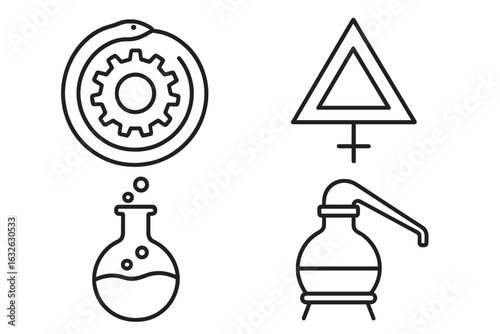 Alchemy Icon Set. Outline Vector Symbols of Ouroboros, Gear, Philosopher’s Stone, Distillation Flask, Alembic Pot. Esoteric Alchemical Emblems. Medieval Science, Hermetic Chemistry, Magic Tools