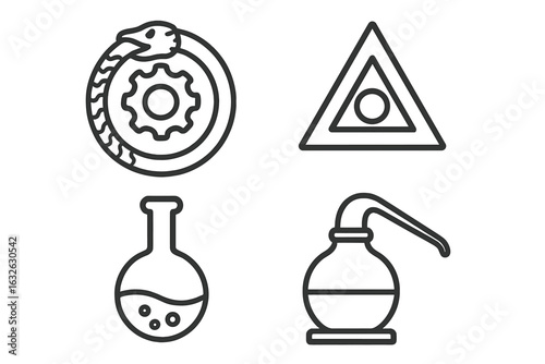 Alchemy symbols vector set. Outline icons of ouroboros, philosopher's stone, gear, distillation flask, alembic pot. Alchemical illustration. Mystic science chemistry lab tools, esoteric magic concept.