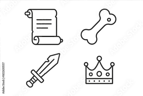 Historical artifacts outline icon set. Simple vector icons of ancient scroll, prehistoric bone, medieval sword, royal crown. History, archeology, fantasy concept elements.