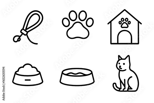 Animal shelter outline icons set. Leash, cat paw print, pet kennel, food bowl, water dish, domestic animal. Volunteer, adoption, rescue, veterinary. Thin line vector illustrations for pet care.