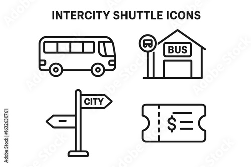 Intercity bus travel icon set. Public transport linear symbols collection. Coach shuttle, bus station, terminal, route signpost, and ticket fare vector outline pictograms.