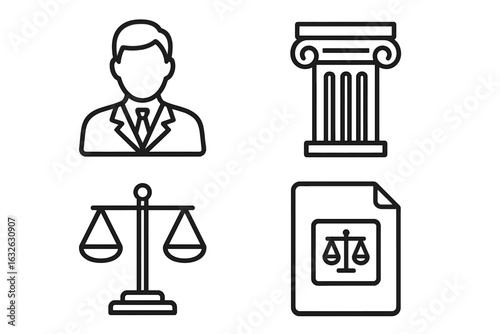 Law and justice line icon set. Legal symbols collection. Attorney, lawyer, courthouse column, scales of justice, case file document. Vector pictogram illustration.
