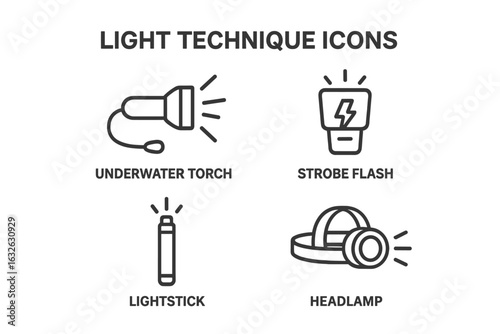 Light technique outline icons set. Illumination equipment for outdoor activities. Vector icons of underwater torch, headlamp, strobe flash, and lightstick for survival gear.