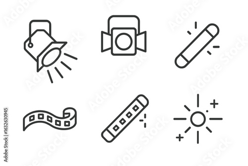 Lighting line icon set. Stage and studio light equipment. Spotlight, projector, LED strip, glow stick and lens flare icons. Illumination and glow effect symbols vector.