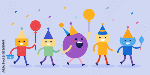 cartoon birthday parade marching characters