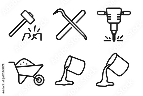 Demolition and Construction Tools Icon Set. Outline Vector of Sledgehammer, Crowbar, Jackhammer, Wheelbarrow, Pouring Concrete, Building Site Equipment. Construction Process Elements.