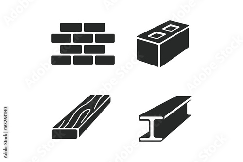 Construction Material Vector Icons Set. Solid Silhouette Icons of Building Materials Including Bricks Wall, Concrete Block, Wooden Plank, Steel Beam. Industrial Elements, Architecture Concept