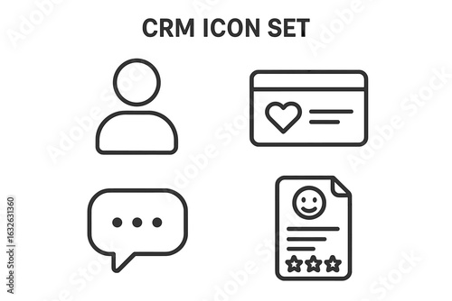 CRM vector icon set. Outline icons for customer relationship management. User profile, loyalty card, chat bubble, feedback review form with ratings. Editable stroke. Isolated transparent background.