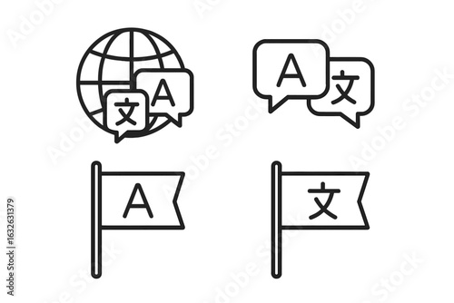Language translation vector icon set. Multilingual communication, global business, localization and international support. Line art symbols of globe, speech bubble and flag.