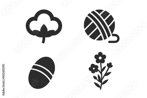 Textile Raw Materials Icons Set. Solid Filled Vector Illustrations of Cotton Boll, Wool Ball, Silk Cocoon, Flax Plant. Natural Fibers, Fabric Production Elements on Transparent Background