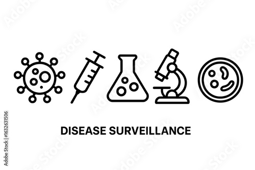 Disease surveillance vector icons set. Outline science symbols for virus research, vaccination, medical syringe, laboratory flask, microscope, petri dish. Epidemiology, infection control illustration