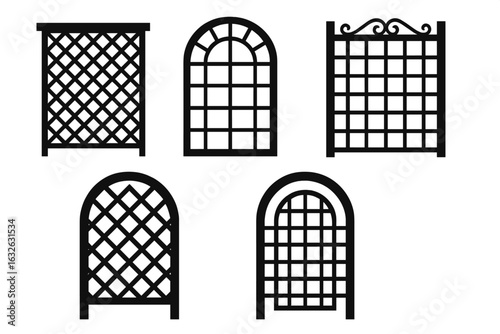 Decorative garden trellis and arch silhouette designs set. Vector lattice, rectangular and arched fence patterns, metal and wooden grid for climbing plants, exterior landscape elements isolated.