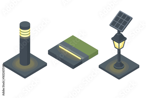 Nighttime illumination icon set. Isometric flat icons of modern outdoor lights. Sidewalk bollard light, embedded LED strip, and solar-powered lamppost for landscape design.