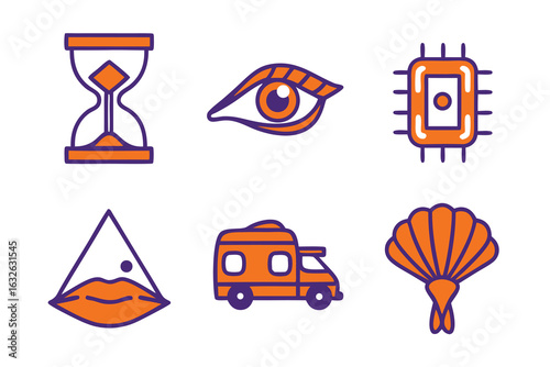 Hourglass eye chip camper lips shell icons set of stylized