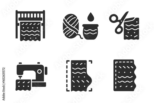 Velvet fabric production and textile manufacturing process icons set. Yarn, dye, weaving loom, sewing machine, fabric cutting, textile design elements for fashion and upholstery industry.