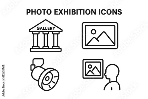 Photo exhibition line icon set. Art gallery, museum visitor, framed picture, and spotlight symbols. Simple outline vector pictogram collection for photography event or show.
