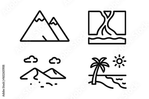 Geographic Landscape Icon Set. Outline Vector Icons of Mountain Range, River Delta, Desert with Clouds, Tropical Beach Shore, Nature Symbols, Topography, Travel Destinations, Black Line Art