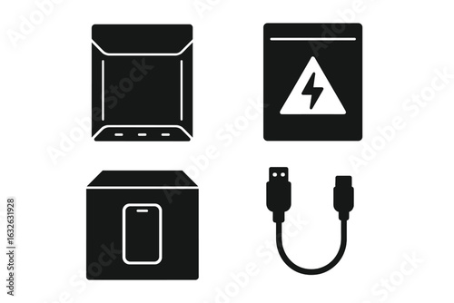 Electronic Device Packaging Icons Set. Solid Black Vector Symbols of Tech Shipping Envelope, Anti-Static Bag, Protective Packaging Box, USB Cable Isolated for E-Commerce, Hardware, and Accessories