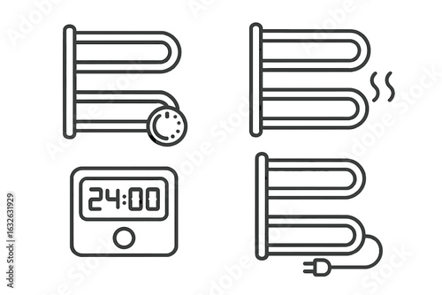 Heated towel rail icons set. Vector outline collection of electric bathroom towel warmer features, including thermostat, heating element, timer, power cord. Modern home appliance illustration.