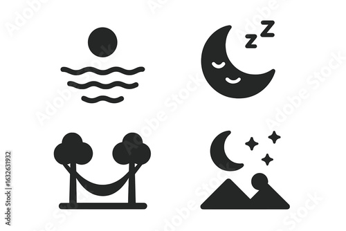 Tranquil nature icons collection. Solid filled vector set of serene lake, peaceful sunset, sleepy moon with stars, relaxing hammock between trees, twilight and night landscape concepts.