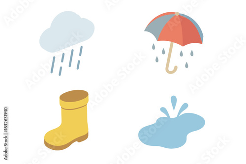 Isometric rain icon set. Flat design weather forecast elements. Vector collection of cloud with raindrops, umbrella, yellow wellington boot and puddle water splash.