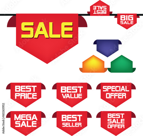 Best for sale sticker, price tag, quality mark, Red postage stamps, A collection of different colored star stickers, Realistic red price tags collection, Special offer or shopping discount label.