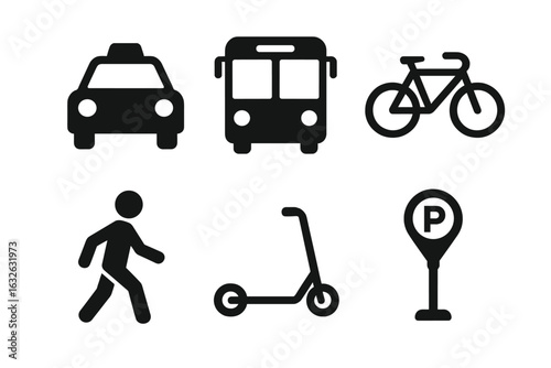 Urban Transport Icon Set. Solid filled vector icons of taxi car, city bus, bicycle, electric scooter, pedestrian, parking meter. Public transit, eco-friendly commuting, street mobility symbols.