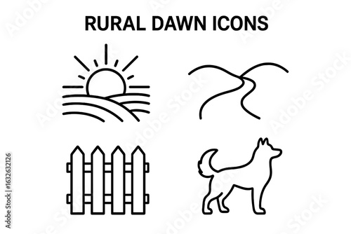Rural dawn icon set. Outline icons of country life with sunrise over fields, dirt path, picket fence, farm dog. Minimalist vector line art for farm and nature themes.